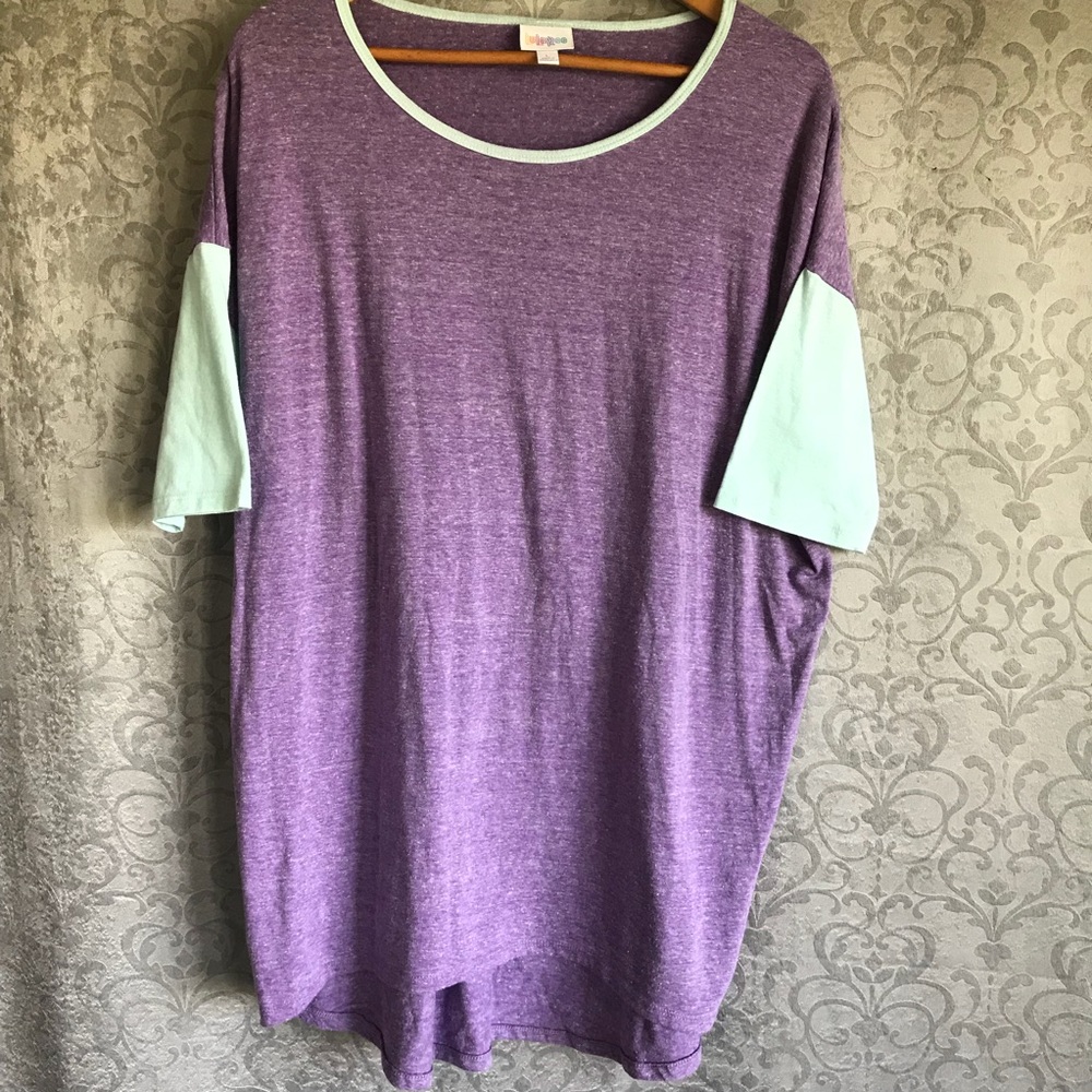 LuLaRoe Irma size L, heather purple and light teal